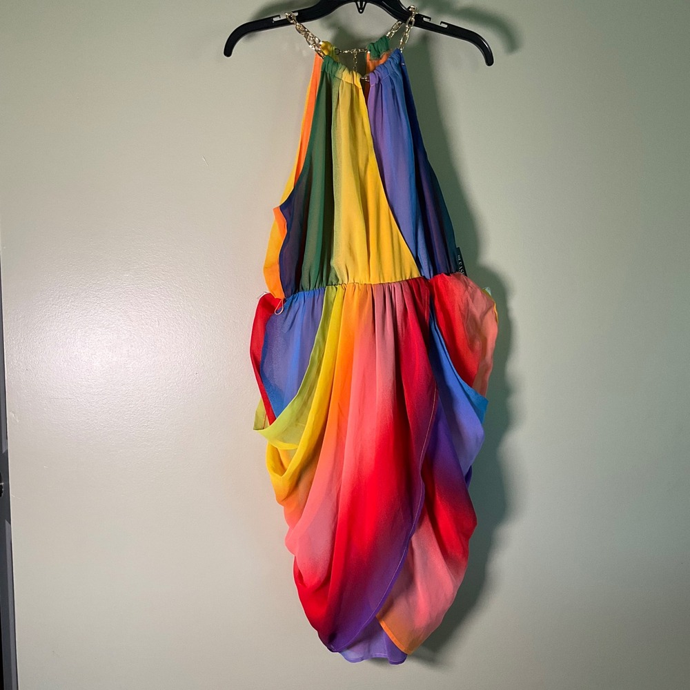 New York & Company Rainbow Ombre Halter Wrap Dress Gold Chain Neck Midi Sz M NWT - Picture 6 of 14